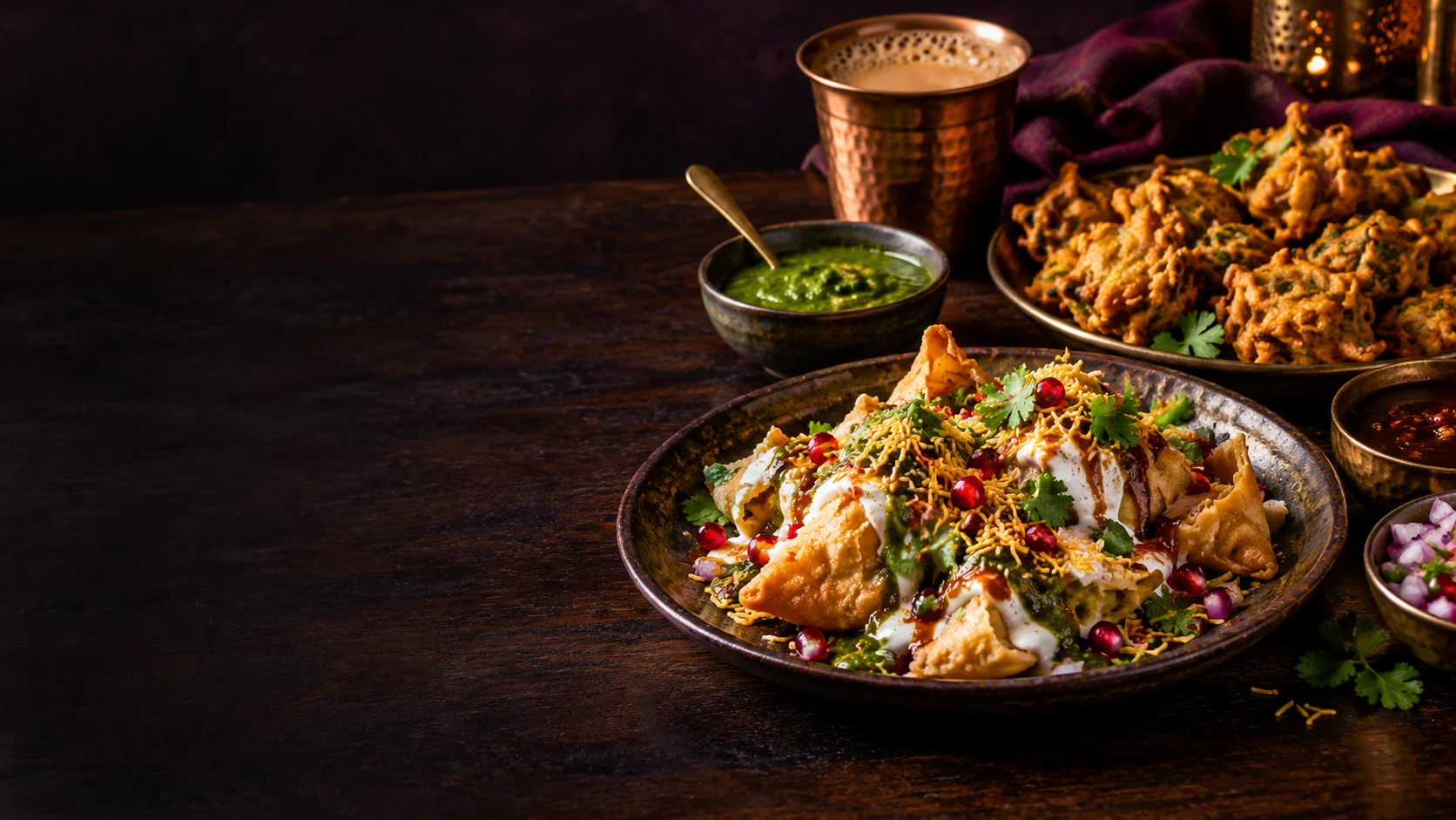 Indian street food, chutneys and chai arranged on a dark wooden table