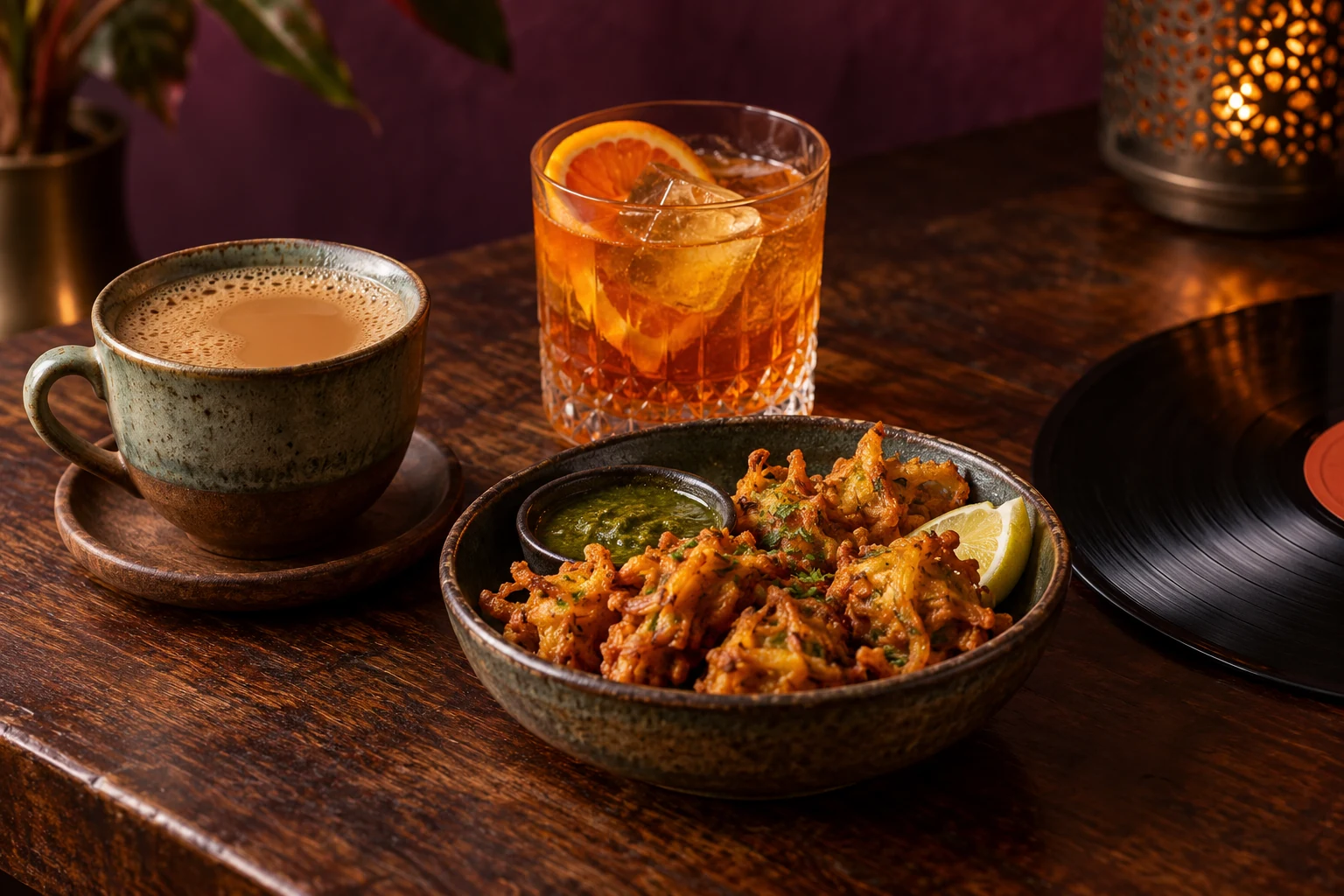 A cup of chai, a drink and a record on a warmly lit table